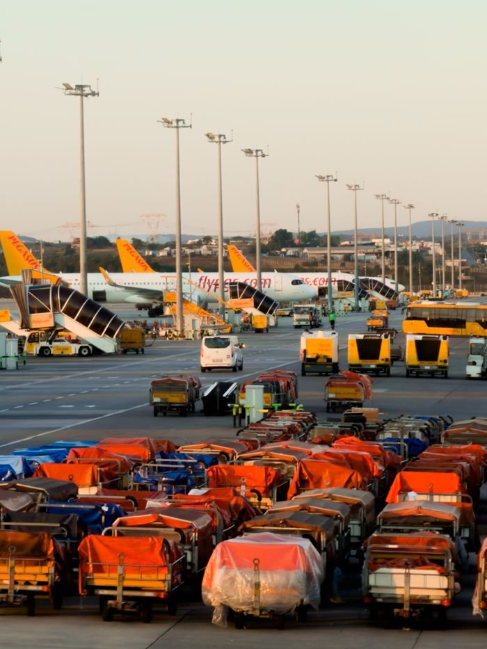 A bustling airport scene at sunset in Belgrade, Serbia, featuring aircraft and ground support vehicles.